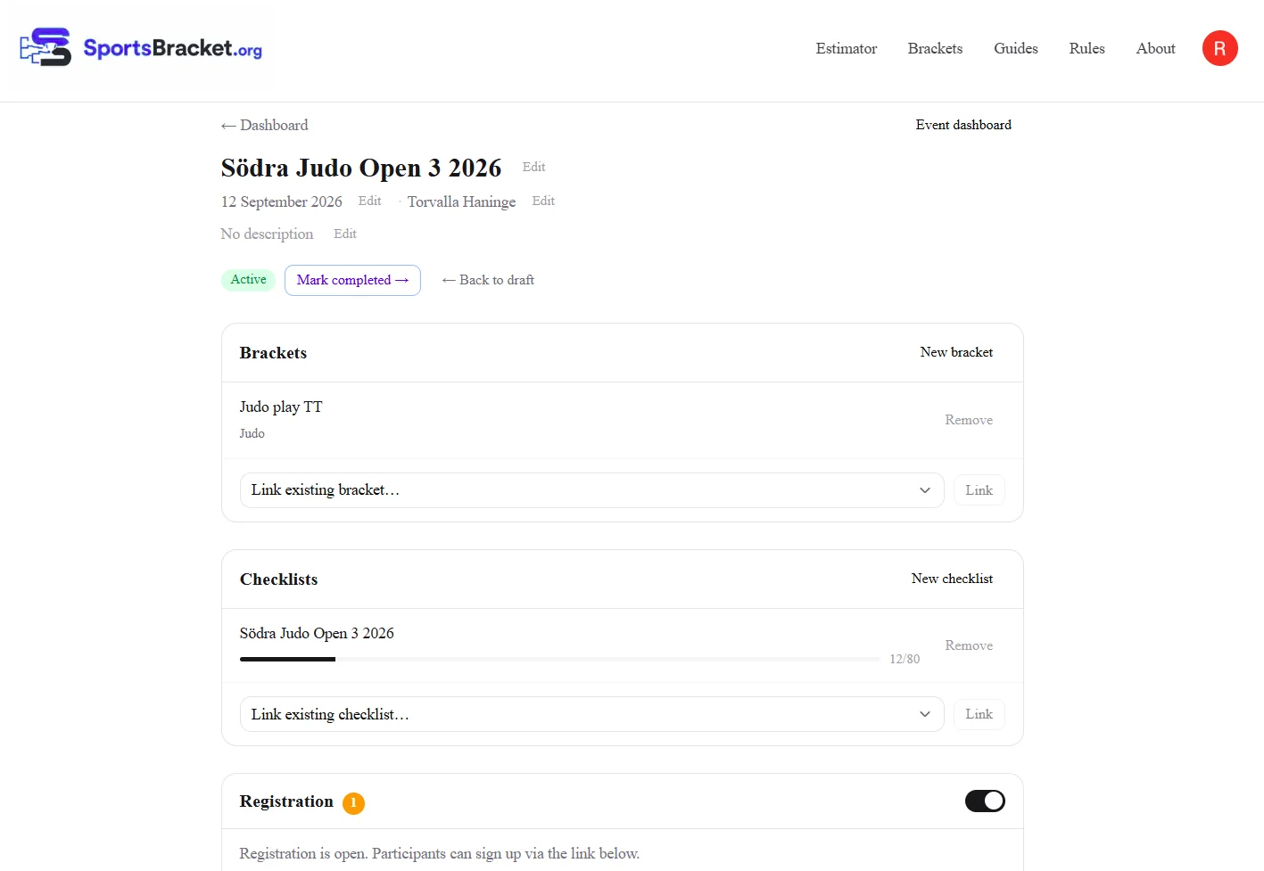 SportsBracket event dashboard for Södra Judo Open — brackets, checklists and registration in one view